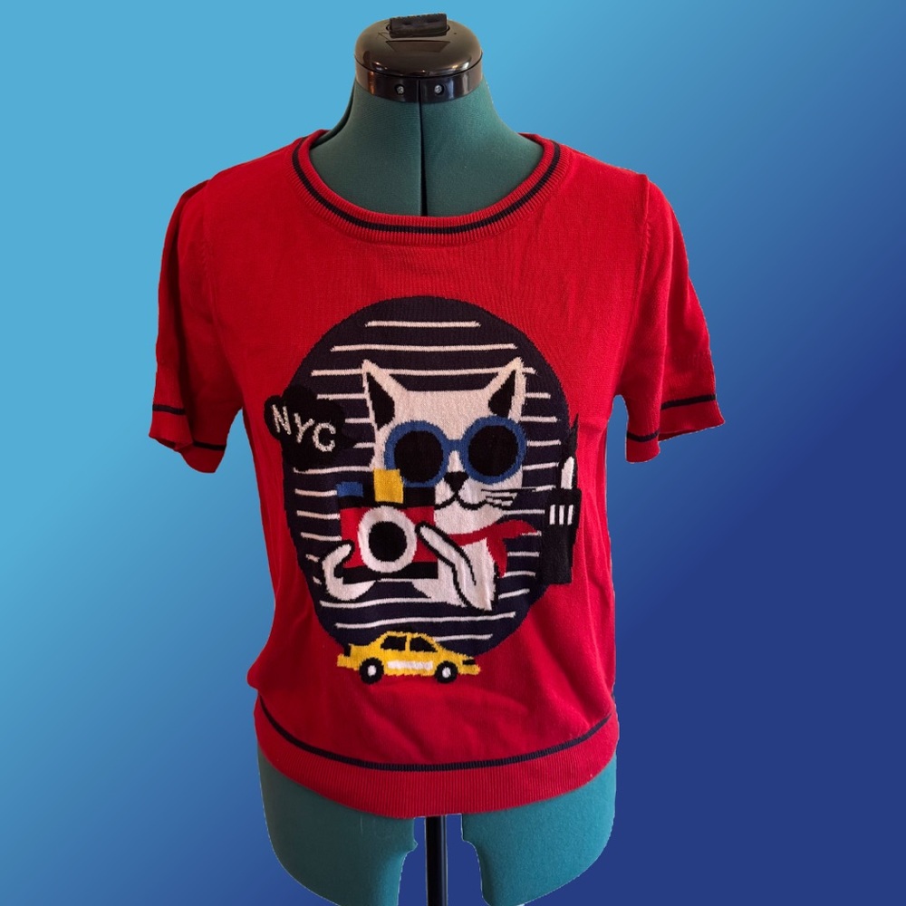 Red Short Sleeved Cat Sweater - Size 4